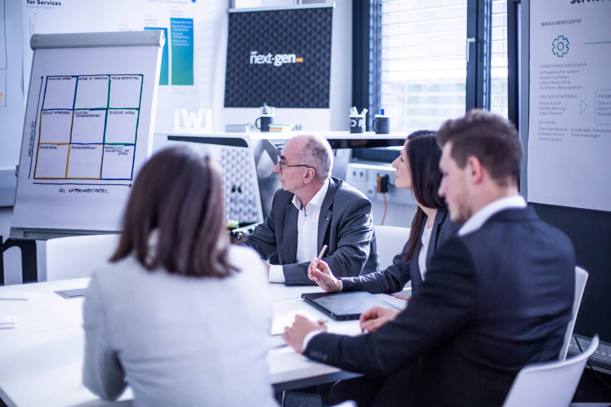 Team of professionals in a meeting around a white table, flip chart with a grid chart in view.