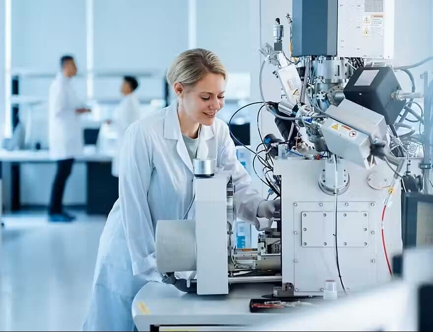Scientist in a lab coat operating a large industrial machine in a modern laboratory setting.