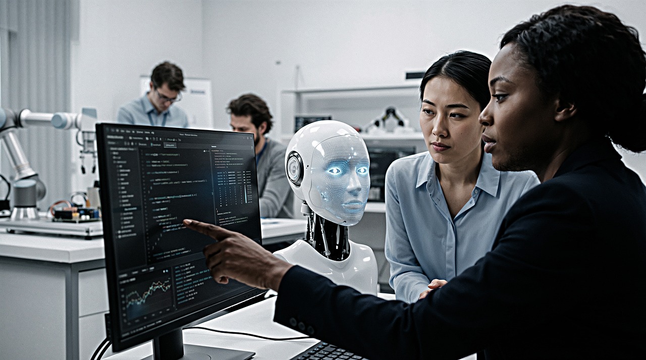 A researcher points at code on a monitor as a glass-faced humanoid robot with blue-lit eyes observes in a lab.